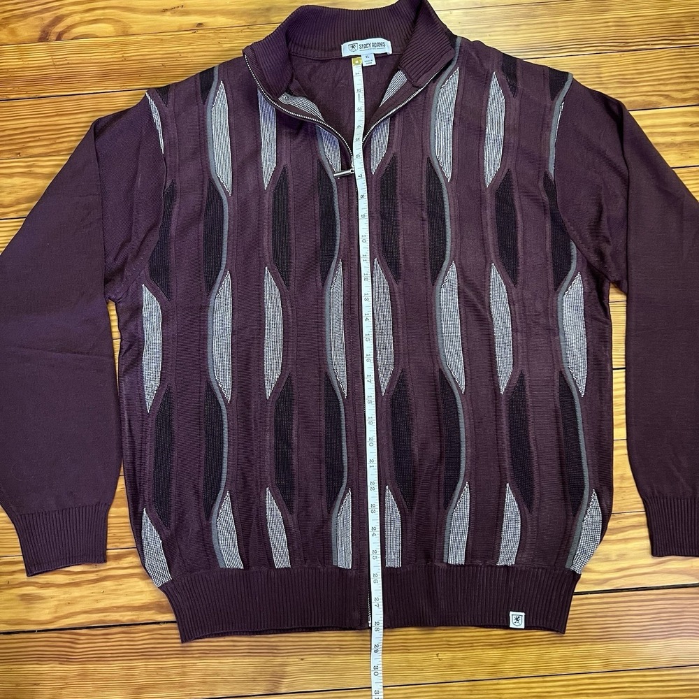 Stacy Adams Mens Knit Full Zip Sweater XL Maroon Geometric - Picture 7 of 9